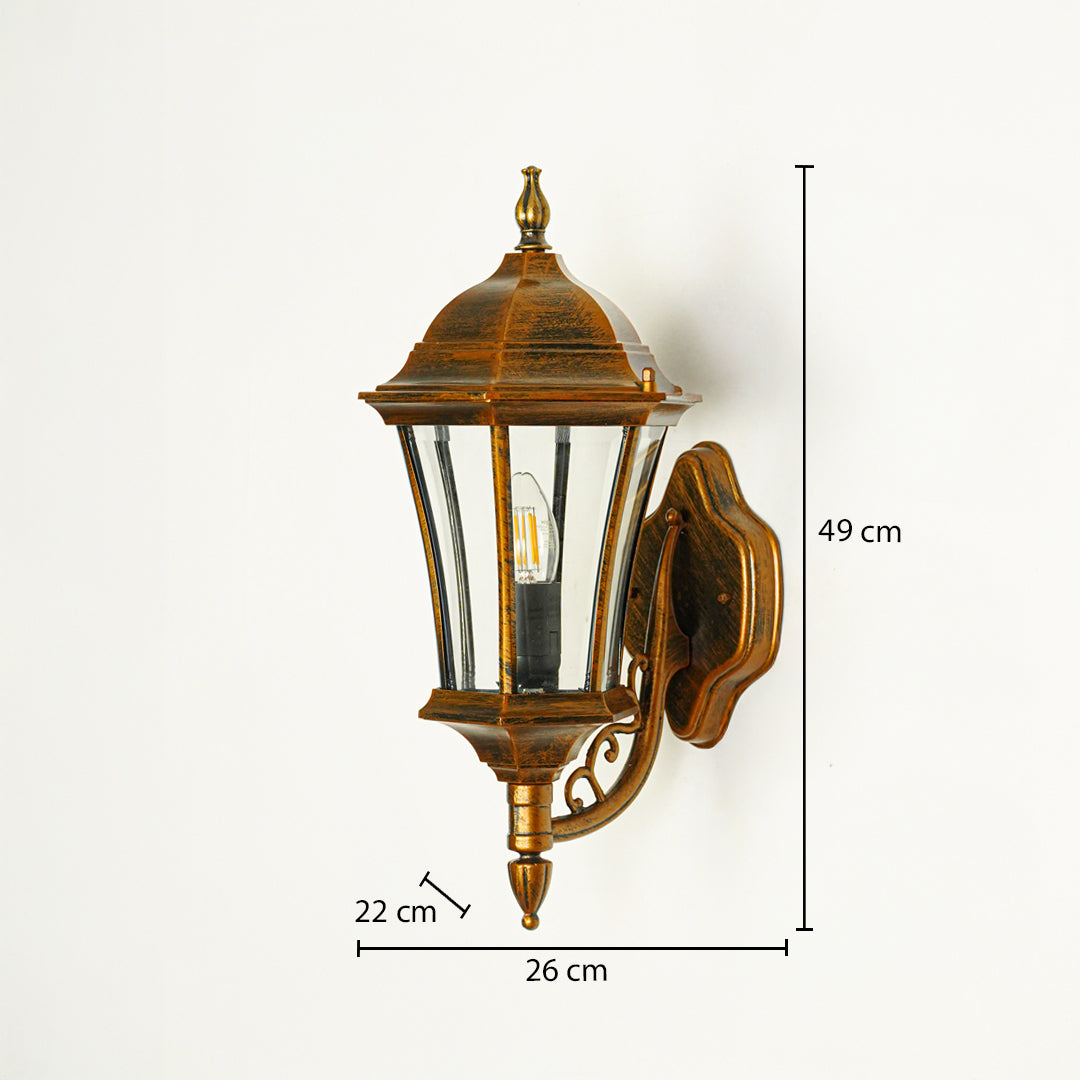 Vintage outdoor wall lantern with antique brown finish and clear glass panels mounted on wall 49 cm height 26 cm width 22 cm depth perfect for exterior decor lighting.