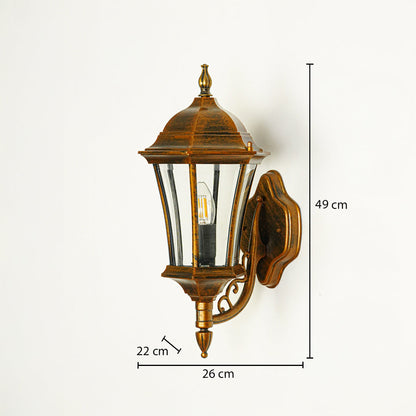 Vintage outdoor wall lantern with antique brown finish and clear glass panels mounted on wall 49 cm height 26 cm width 22 cm depth perfect for exterior decor lighting.