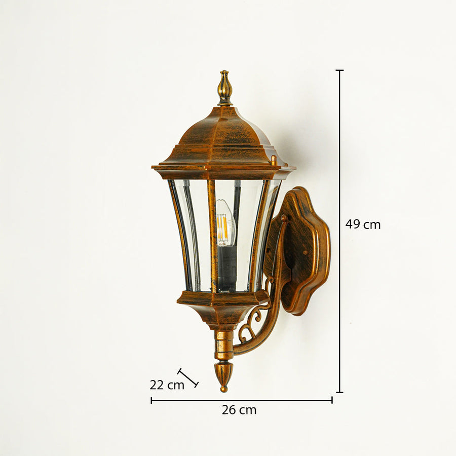 Vintage outdoor wall lantern with antique brown finish and clear glass panels mounted on wall 49 cm height 26 cm width 22 cm depth perfect for exterior decor lighting.