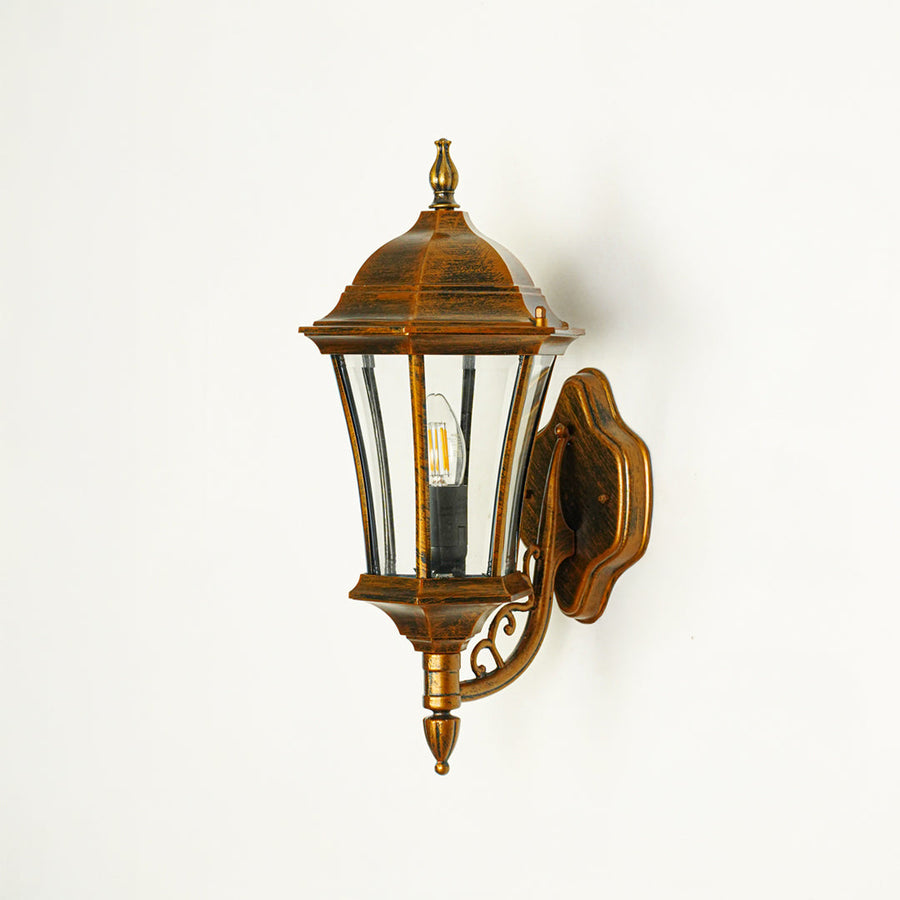 Traditional outdoor wall lantern with decorative metal detailing and clear glass panels perfect for exterior home lighting design.