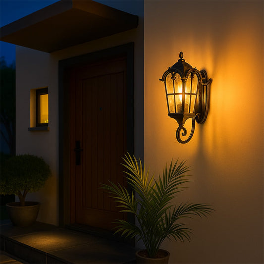 Outdoor wall lantern in black metal mounted beside entrance door casting warm ambient glow for welcoming exterior home lighting.