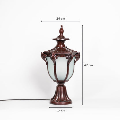 Outdoor vintage pillar lamp with frosted glass and brown frame showing 47 cm height 24 cm width and 14 cm base size.
