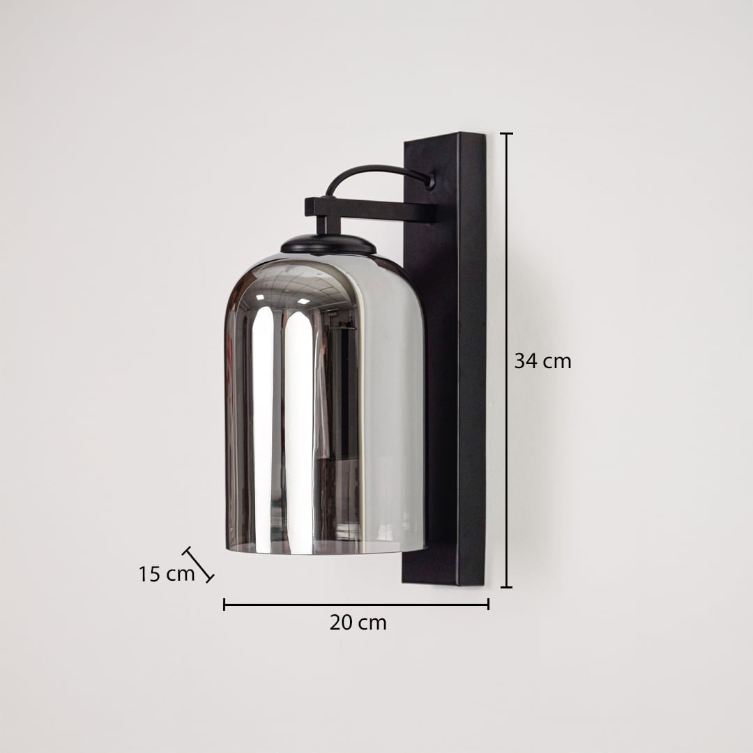 Modern black metal wall light measuring 34 cm height and 20 cm width for stylish interior decor.