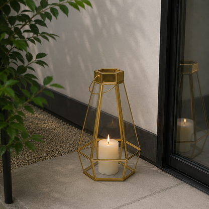 European Style Faceted Gold Metal & Glass Tealight Lantern - Large