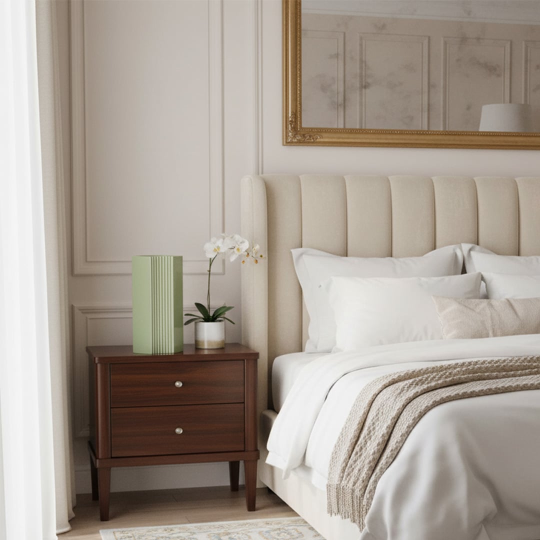 Green ribbed ceramic vase styled on a bedside table in an elegant bedroom with upholstered bed soft lighting and neutral decor accents.