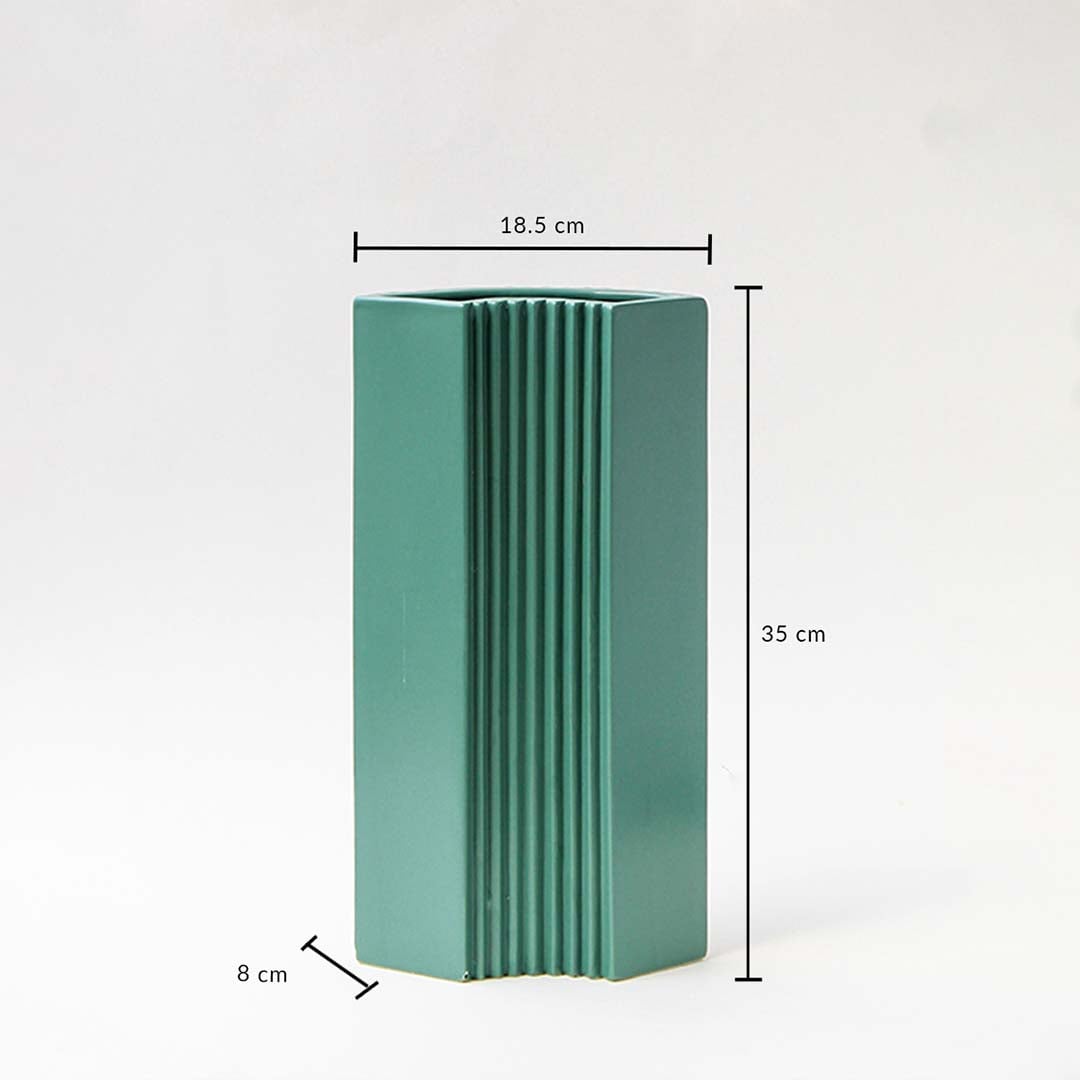 Teal ceramic vase with modern linear ridges shown on a white background with 35 cm height and 18.5 cm width.