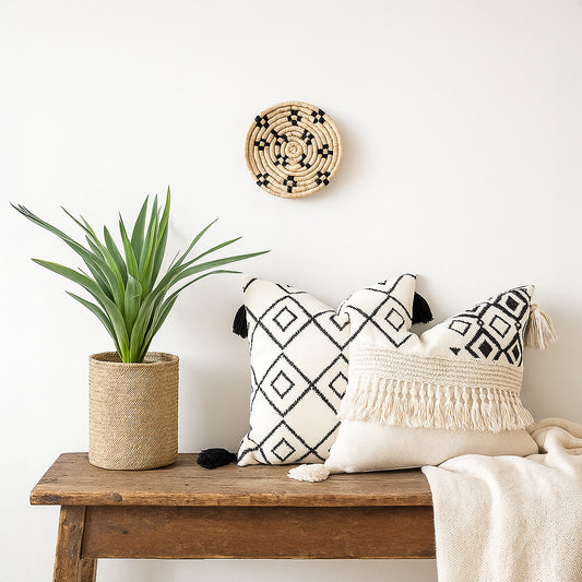 Small woven wall basket placed above wooden bench with plant and cushions adding cozy handcrafted charm to living room Decor.