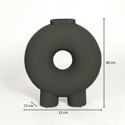 Black ceramic decorative ring vase showing 40 cm height 33 cm width and 12 cm depth suitable for table console or shelf placement.