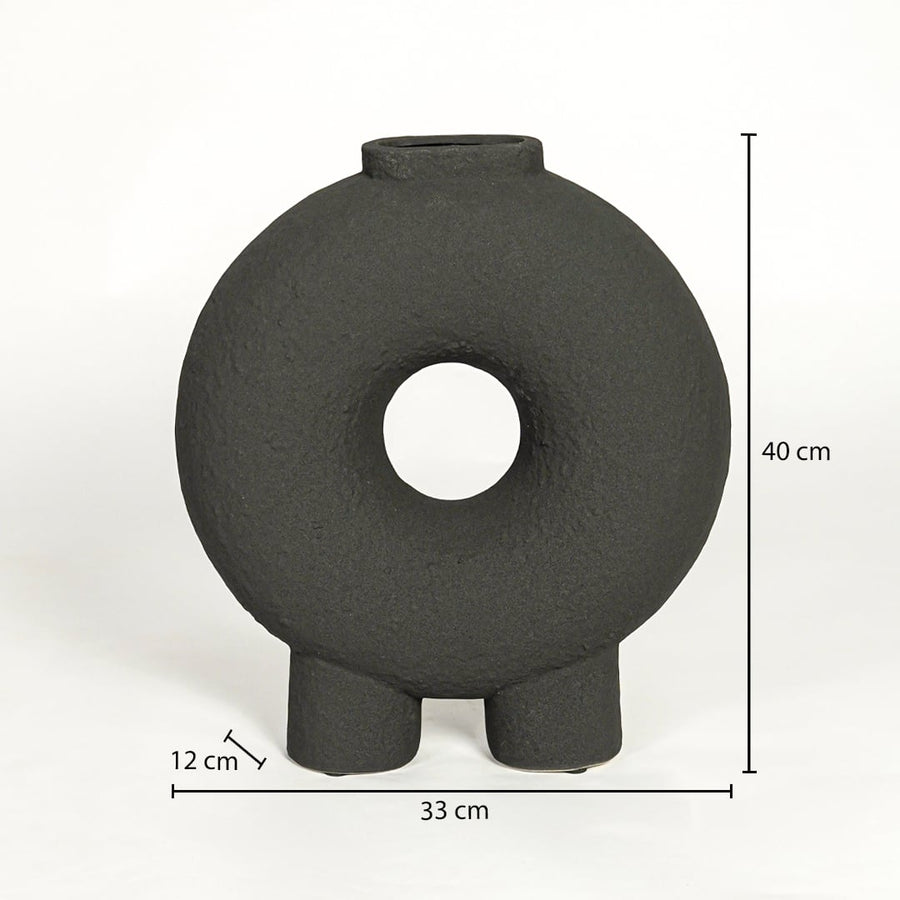 Black ceramic decorative ring vase showing 40 cm height 33 cm width and 12 cm depth suitable for table console or shelf placement.