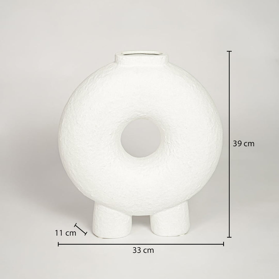 Ezra loop white ceramic vase measuring 39 cm height 33 cm width and 11 cm depth ideal for console decor placement.