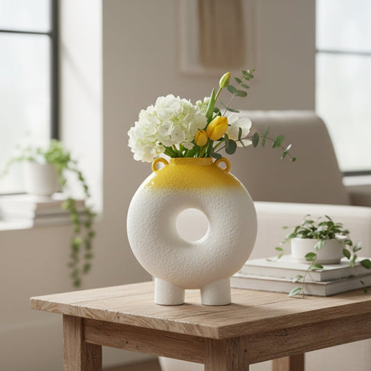 White and yellow textured ceramic decorative ring vase styled with fresh flowers on wooden table in bright modern living room.