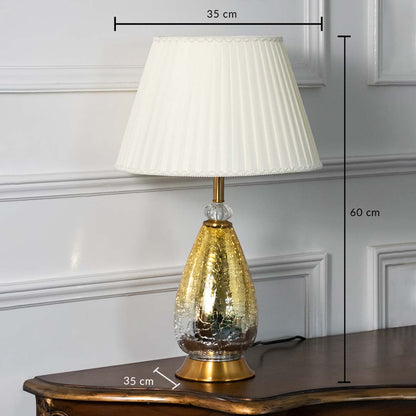 Aurora glass lamp with 60 cm height and 35 cm width featuring gold crackle base and pleated shade for modern home lighting.