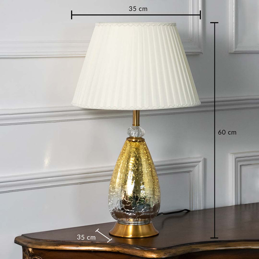 Aurora glass lamp with 60 cm height and 35 cm width featuring gold crackle base and pleated shade for modern home lighting.