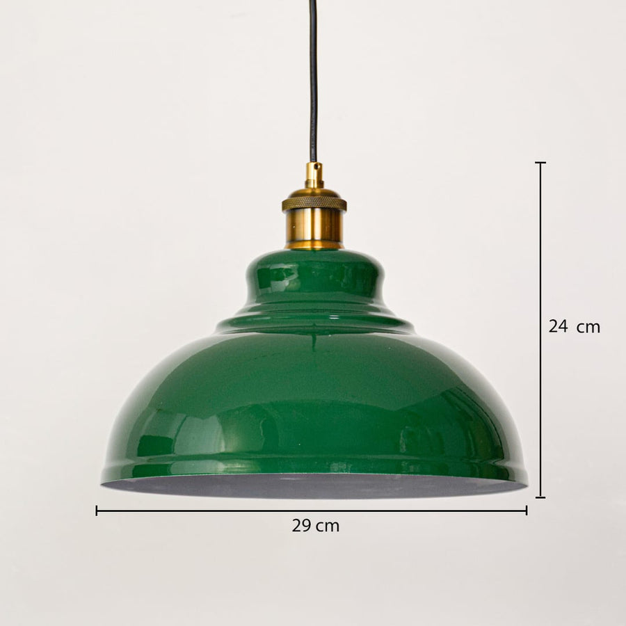 Green pendant light 24 cm high and 29 cm wide shown for size detail suitable for dining and living room lighting.