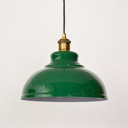 Green dome metal hanging lamp with golden brass holder displayed on white wall perfect for elegant home lighting.