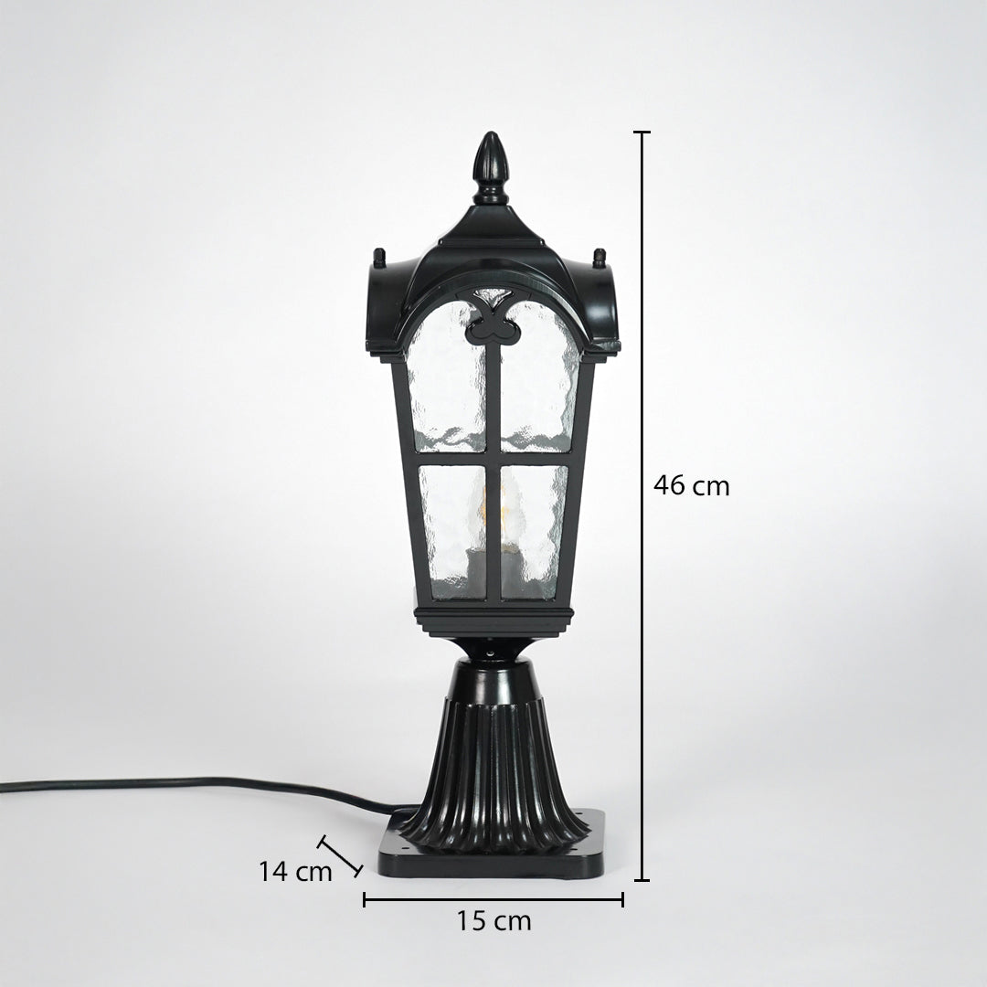 Black outdoor gate light dimension image with 46 cm height and 19 cm width for decor use.