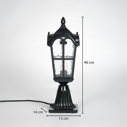 Black outdoor gate light dimension image with 46 cm height and 19 cm width for decor use.