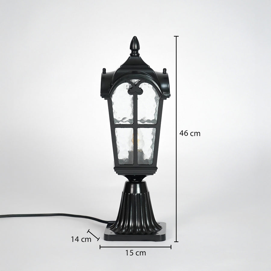 Black outdoor gate light dimension image with 46 cm height and 19 cm width for decor use.