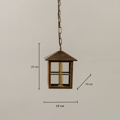 Technical diagram of round outdoor pendant light showing height 36 cm and width 21 cm with chain length reference.