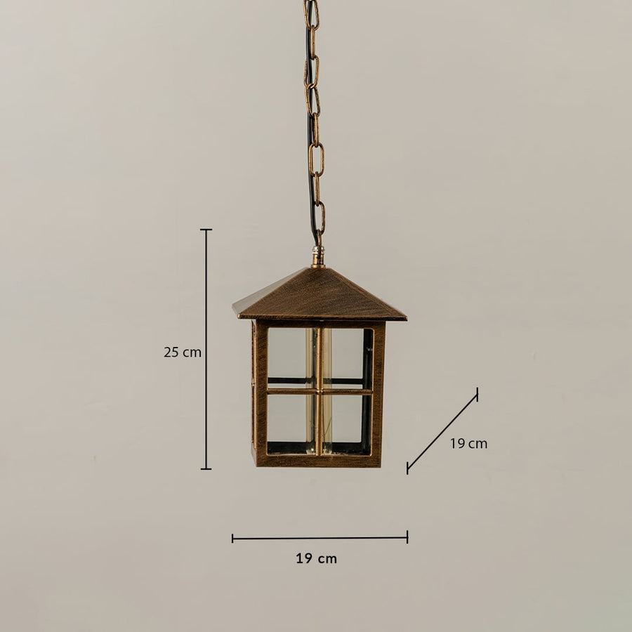 Technical diagram of round outdoor pendant light showing height 36 cm and width 21 cm with chain length reference.