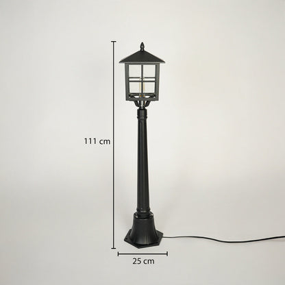 Classic outdoor garden lamp post with black metal body and glass lantern head on neutral background 111 cm height 25 cm base width perfect for pathway lighting.