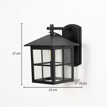 Outdoor wall light with square lantern design black finish and glass panels shown with 27 cm height 25 cm width 19 cm depth.