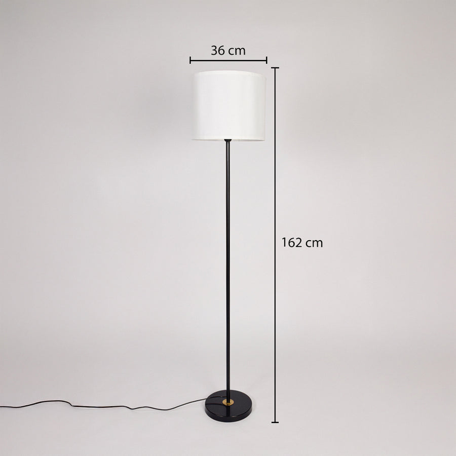 Black metal floor lamp with white fabric shade measuring 162 cm tall ideal for living room bedroom and reading spaces.