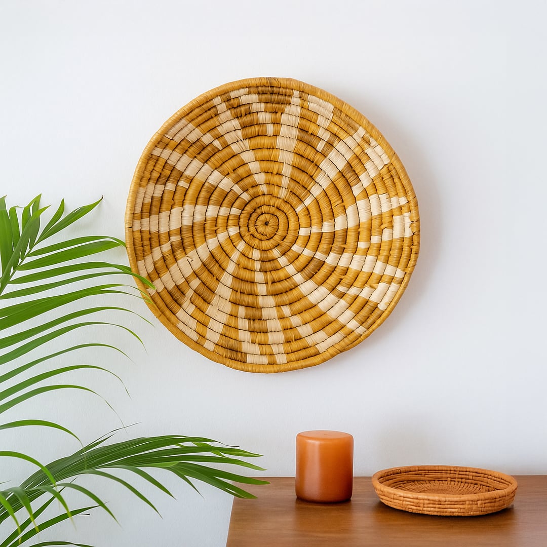 Yellow woven wall basket styled on light wall with greenery adding vibrant handcrafted texture to warm contemporary home Decor.