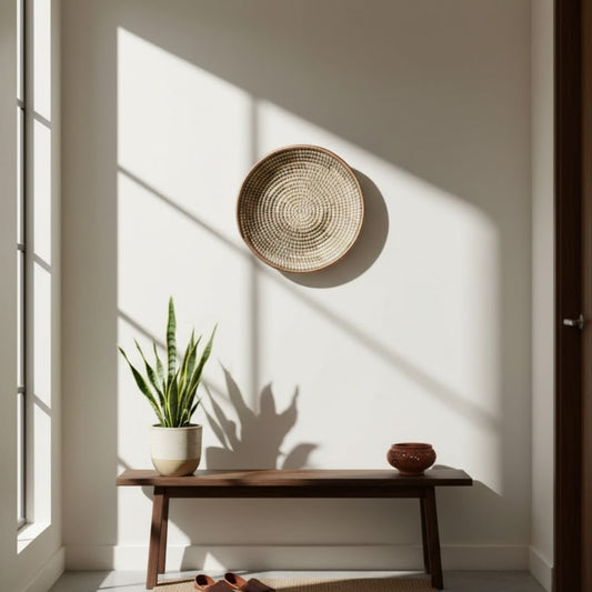 Natural fiber wall basket placed above a wooden bench with greenery highlighted by soft daylight for a serene modern interior look.