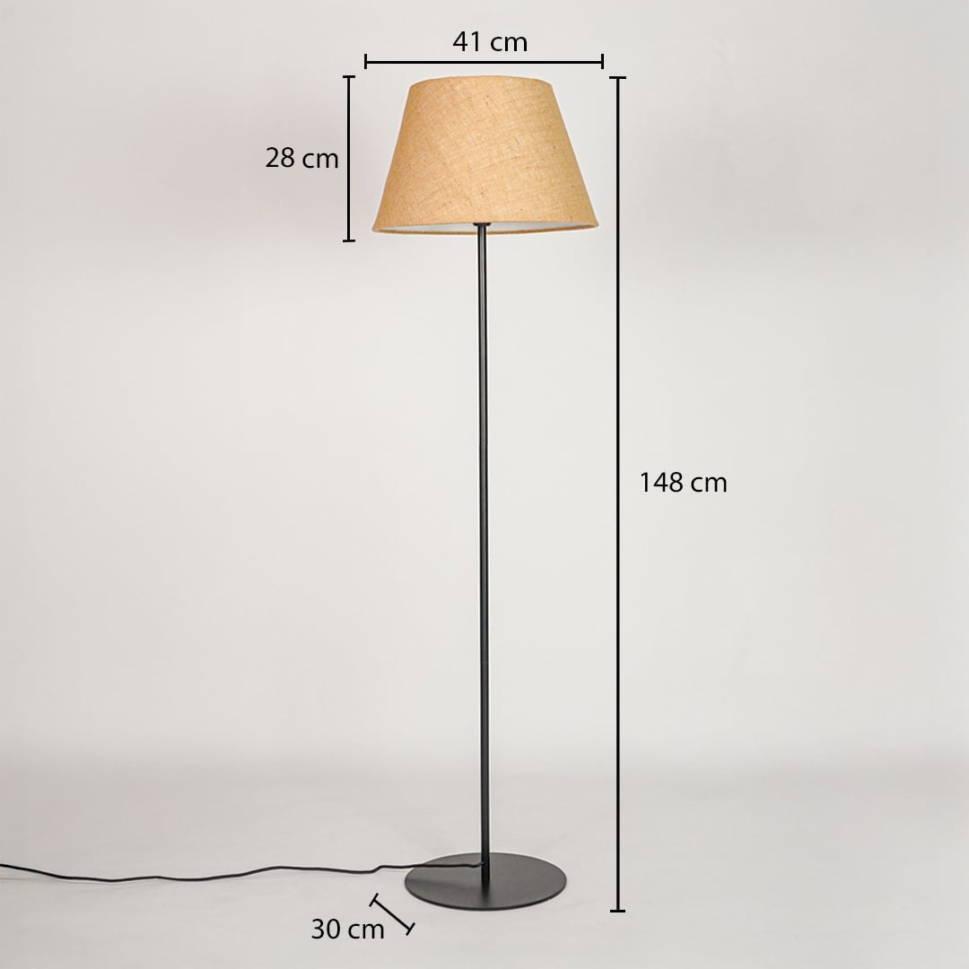 Floor lamp height 148 cm with 41 cm shade width 28 cm shade height and 30 cm round metal base diameter.