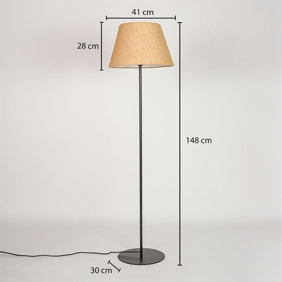 Floor lamp height 148 cm with 41 cm shade width 28 cm shade height and 30 cm round metal base diameter.