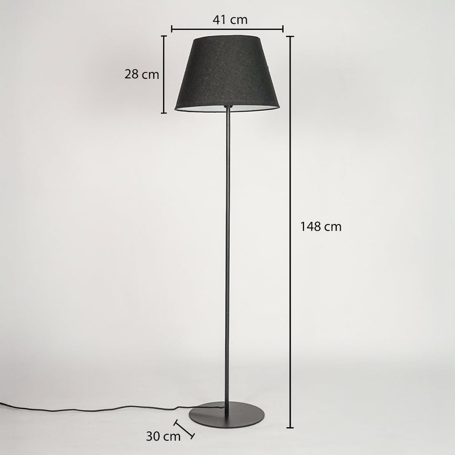 Floor lamp 148 cm height with 41 cm shade width 28 cm shade height and 30 cm round metal base diameter.