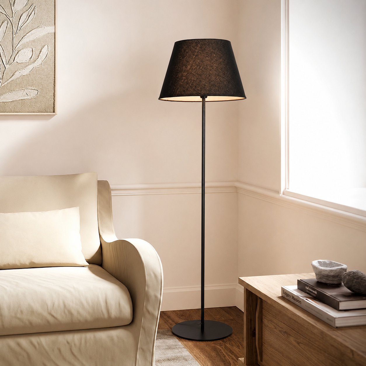 Fanny Linear Black Floor Lamp with Barrel Shade - Black