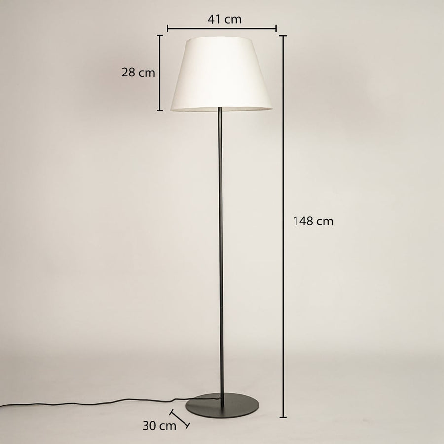 Floor lamp dimension image showing 148 cm height 41 cm shade width and 30 cm base diameter in black metal finish.