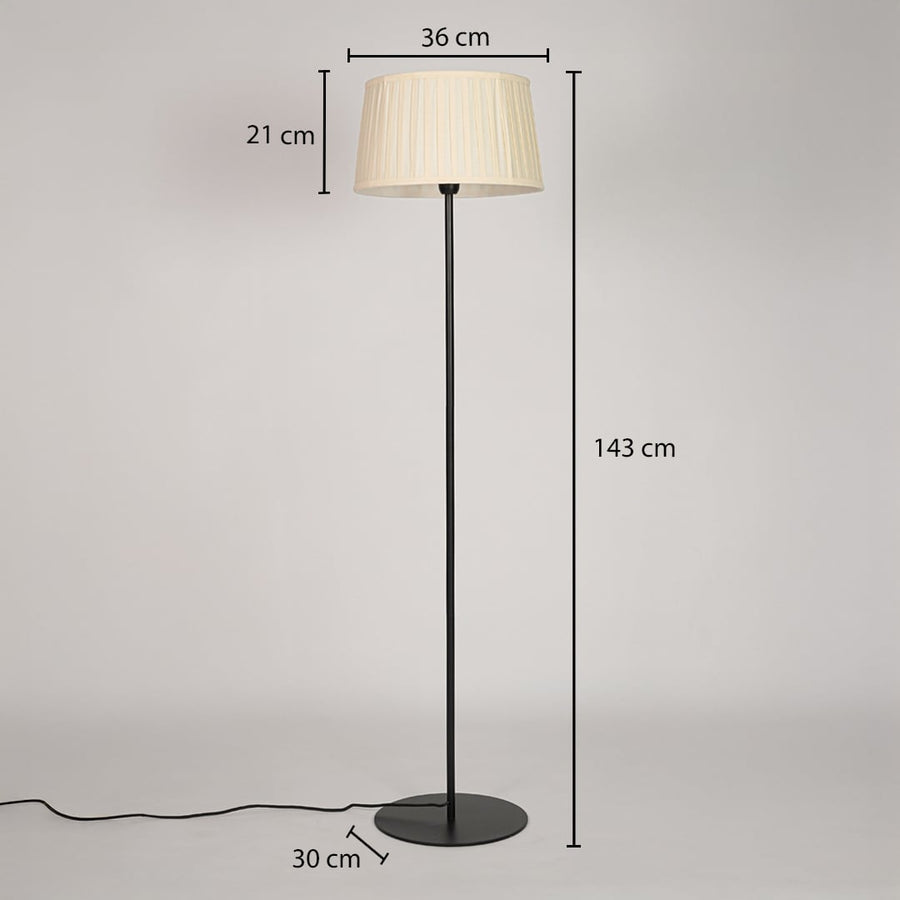 Floor lamp dimension image showing 143 cm height 36 cm shade width and 30 cm base diameter in black metal finish.