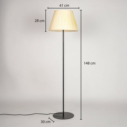 Floor lamp with 148 cm height 41 cm shade width 28 cm shade height and 30 cm round base diameter shown clearly.