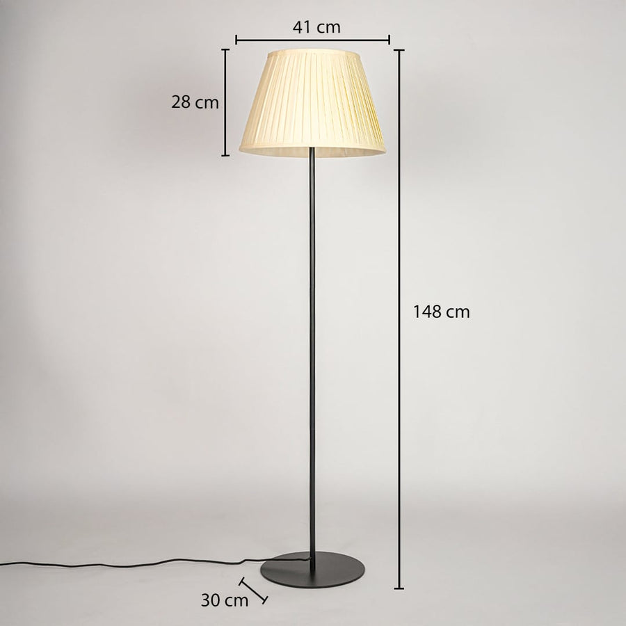 Floor lamp with 148 cm height 41 cm shade width 28 cm shade height and 30 cm round base diameter shown clearly.