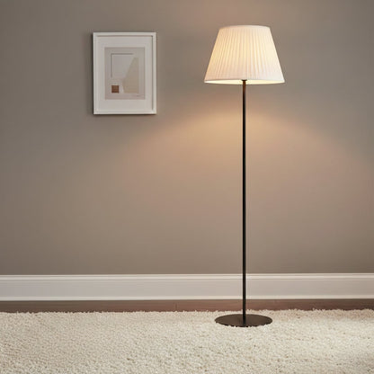 Modern black floor lamp with pleated cream shade styled in contemporary living room corner with soft ambient lighting.