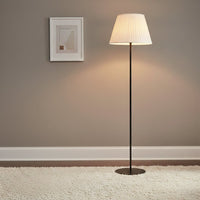 Modern black floor lamp with pleated cream shade styled in contemporary living room corner with soft ambient lighting.