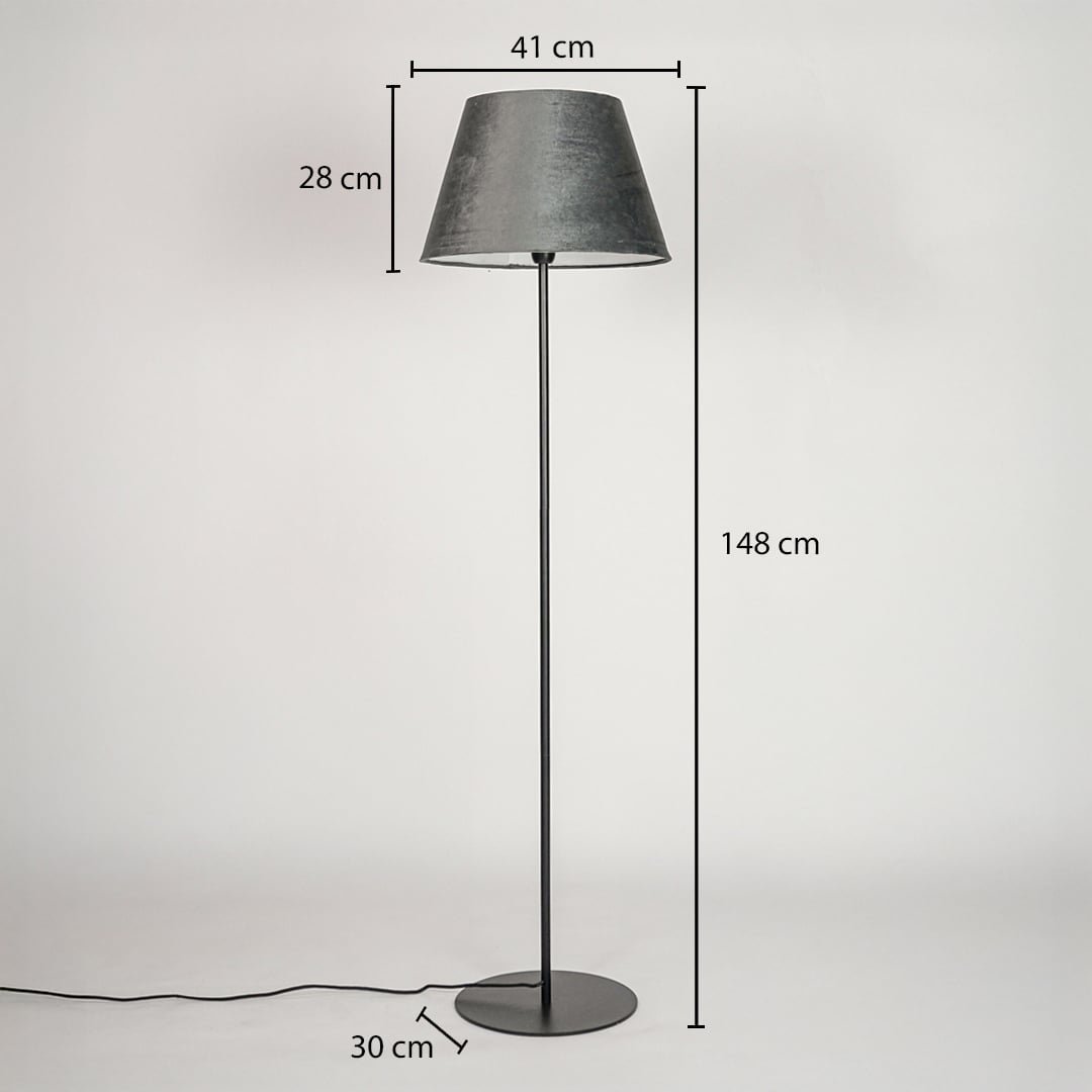 Floor lamp 148 cm height with 41 cm shade width 28 cm shade height and 30 cm round base diameter.