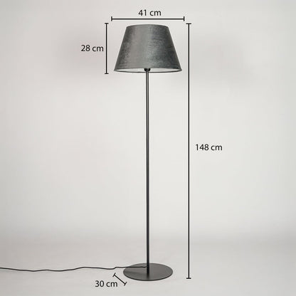Floor lamp 148 cm height with 41 cm shade width 28 cm shade height and 30 cm round base diameter.