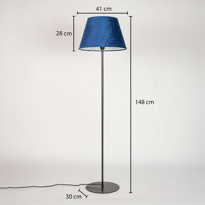 Floor lamp 148 cm height with 41 cm shade width 28 cm shade height and 30 cm round base diameter shown clearly.