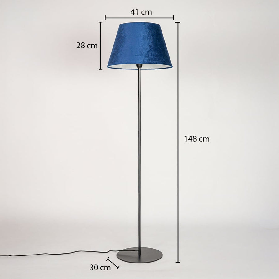 Floor lamp 148 cm height with 41 cm shade width 28 cm shade height and 30 cm round base diameter shown clearly.