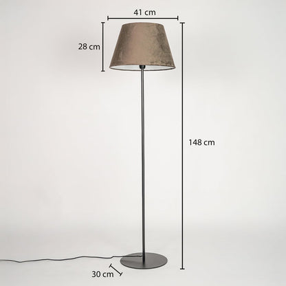 Floor lamp dimension image showing 148 cm height 41 cm shade width and 30 cm base diameter in black metal finish.