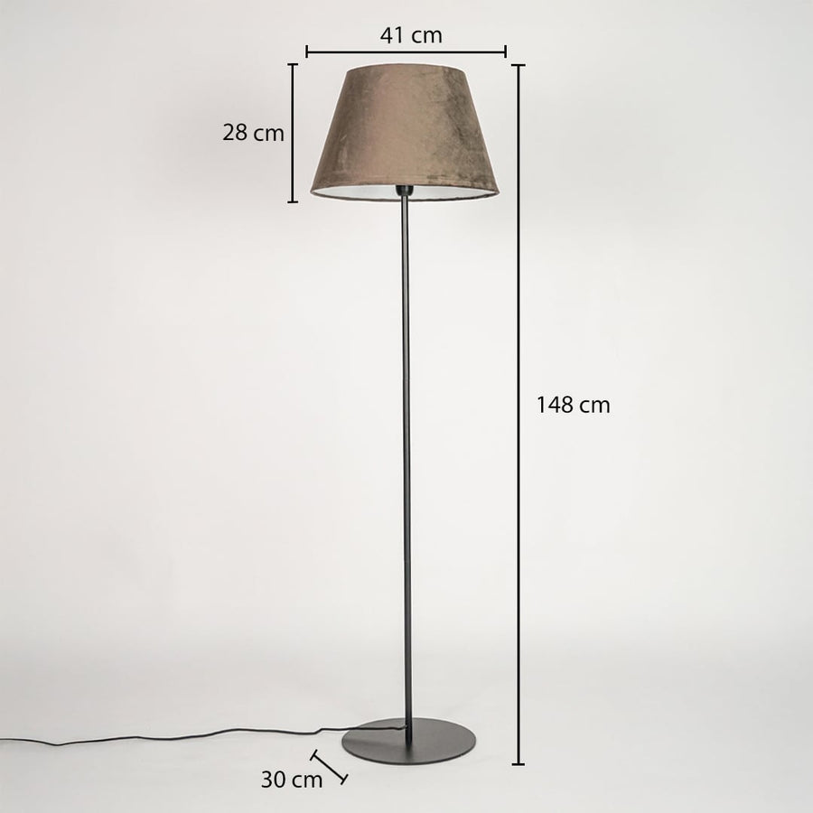 Floor lamp dimension image showing 148 cm height 41 cm shade width and 30 cm base diameter in black metal finish.