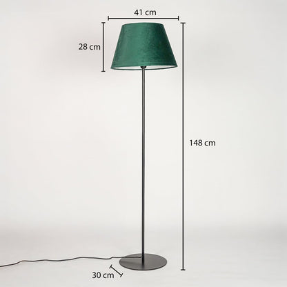 Floor lamp 148 cm height with 41 cm shade width 28 cm shade height and 30 cm round base diameter shown clearly.