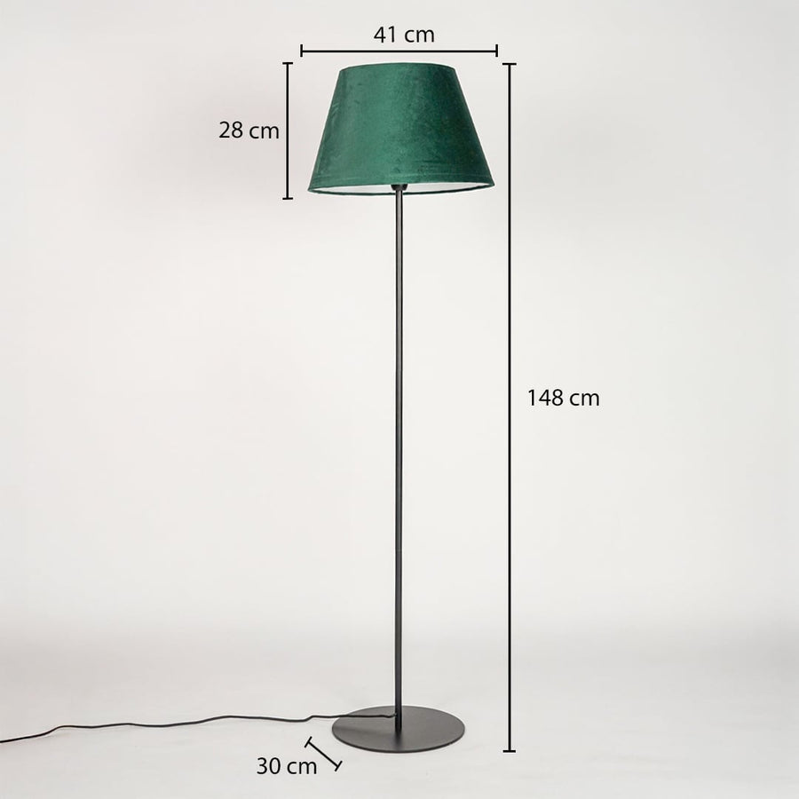Floor lamp 148 cm height with 41 cm shade width 28 cm shade height and 30 cm round base diameter shown clearly.