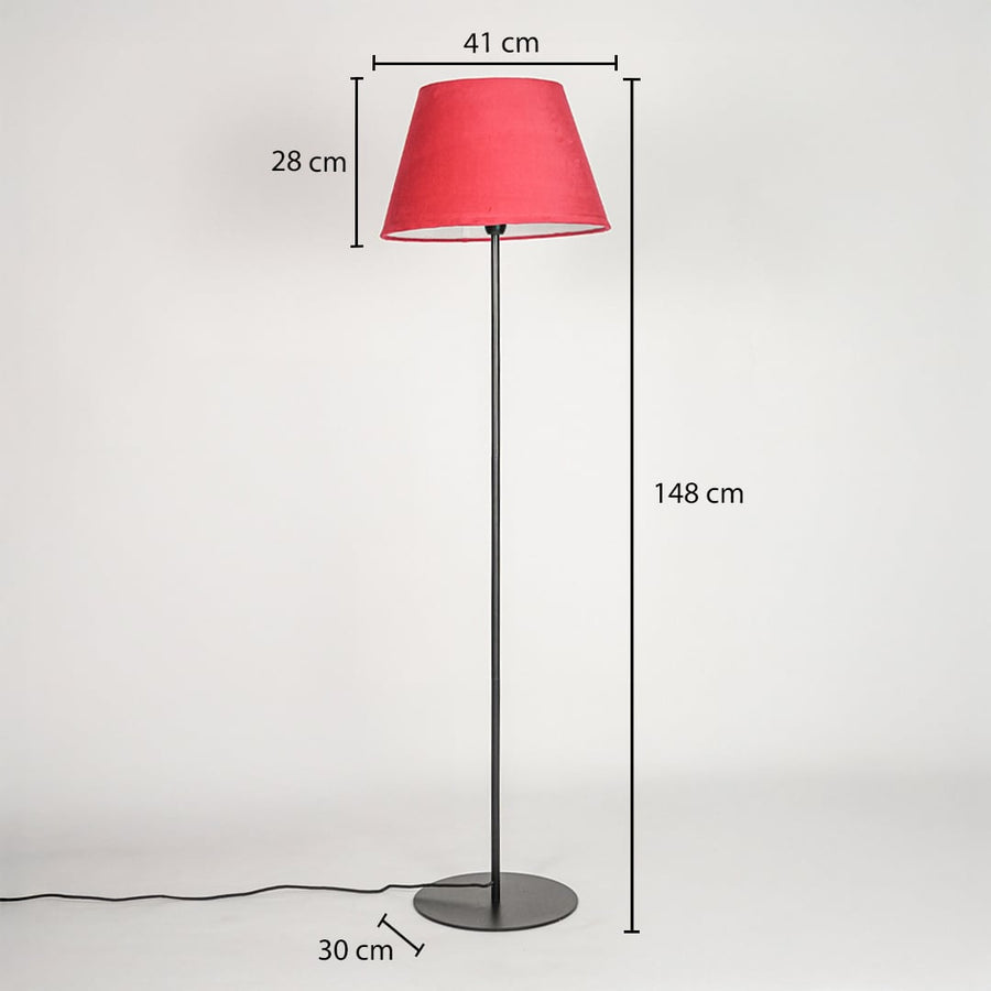 Floor lamp 148 cm height with 41 cm shade width 28 cm shade height and 30 cm round base diameter.