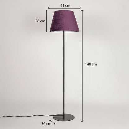 Floor lamp 148 cm height with 41 cm shade width 28 cm shade height and 30 cm round metal base diameter.
