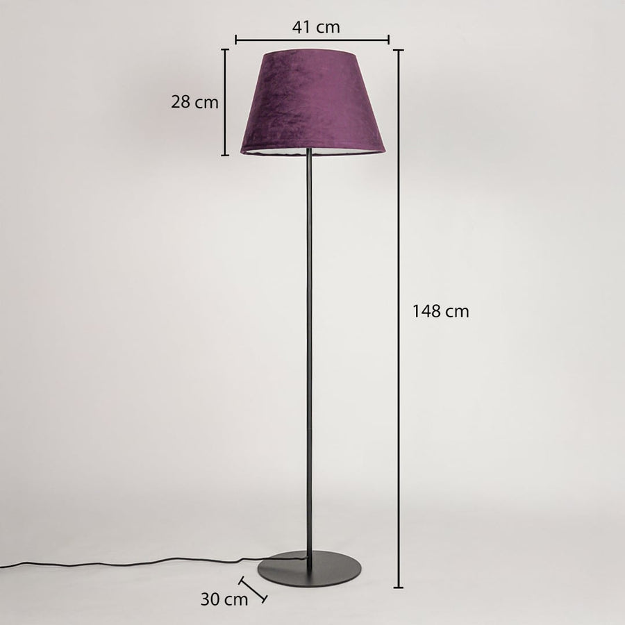 Floor lamp 148 cm height with 41 cm shade width 28 cm shade height and 30 cm round metal base diameter.